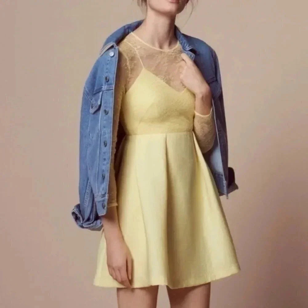 SANDRO Paris Jeanette Pleated Lace Plissé-woven Mini Dress Limoncello Yellow 6